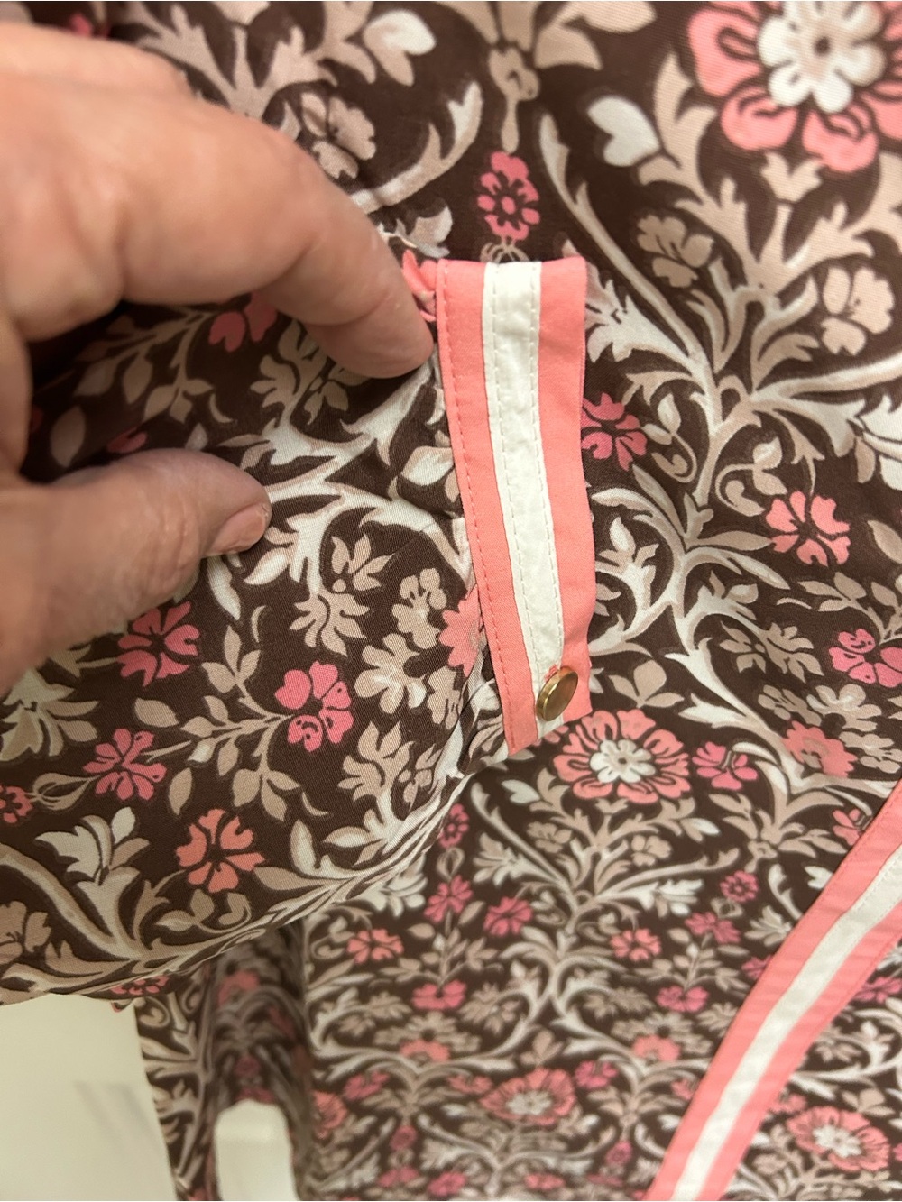 Mary Square Coral & Brown Floral Top with Coral & White Banded Neckline - Picture 10 of 16
